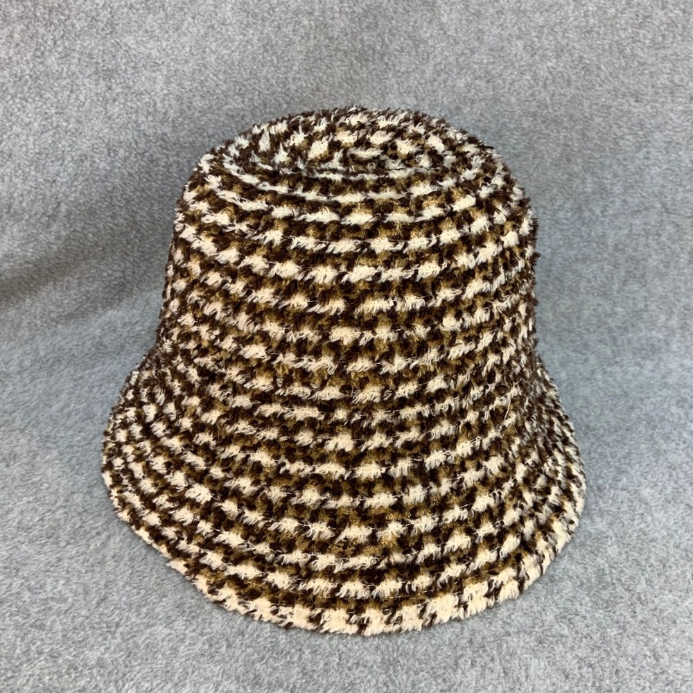 Checkered Pattern Womens Brown Unbranded Fuzzy Knit Bucket Hat OS